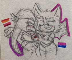 Size: 1979x1651 | Tagged: safe, artist:maberbie03, rouge the bat, wave the swallow, 2024, bisexual, bisexual pride, blushing, duo, frown, lesbian, lesbian pride, line art, pencilwork, pride, shipping, sketch, smile, standing, traditional media, wavouge