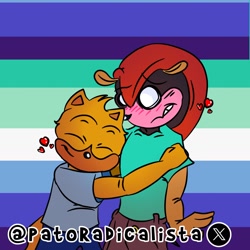 Size: 1280x1280 | Tagged: safe, artist:patoradicalista, mighty the armadillo, ray the flying squirrel, 2024, blushing, clothes, duo, gay, heart, hugging, mightay, mlm pride, pride, pride flag, pride flag background, shipping, signature, smile, standing
