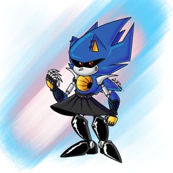 Size: 1000x1000 | Tagged: safe, artist:ashe_attacc, metal sonic, 2024, black sclera, clothes, ear piercing, earring, fishnets, looking at viewer, pride, redraw, robot, signature, skirt, solo, standing, trans female, trans pride, transgender