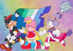 Size: 2048x1448 | Tagged: safe, artist:ume_shigaraki, amy rose, blaze the cat, shadow the hedgehog, sonic the hedgehog, cat, hedgehog, 2024, amy x blaze, amy's halterneck dress, bisexual pride, blaze's tailcoat, cute, eyes closed, female, gay, holding hands, lesbian, lesbian pride, male, mlm pride, pansexual pride, pride, shadow x sonic, shipping