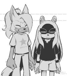Size: 1222x1400 | Tagged: safe, artist:maskofnova, surge the tenrec, whisper the wolf, 2024, alternate outfit, claws, duo, eyes closed, frown, greyscale, hair down, lesbian, monochrome, shipping, signature, smile, squinting, standing, whisper x surge