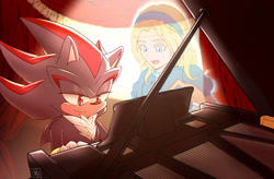 Size: 1900x1250 | Tagged: safe, artist:jkt_sonic, maria robotnik, shadow the hedgehog, human, 2024, abstract background, duo, ghost, piano, sitting, smile