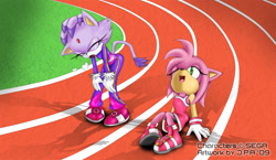 Size: 1146x664 | Tagged: safe, artist:howlzapper, amy rose, blaze the cat, cat, hedgehog, 2009, amy x blaze, eyes closed, female, females only, lesbian, mario & sonic at the olympic games, one eye closed, shipping, tired