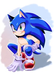 Size: 1265x1750 | Tagged: safe, artist:studiononsense, sonic the hedgehog, 2024, blushing, crouching, signature, smile, solo