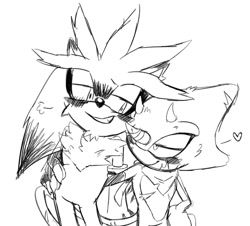 Size: 1024x926 | Tagged: safe, artist:kunaikinesis, espio the chameleon, silver the hedgehog, 2024, aged up, duo, gay, hand on another's hip, heart, lidded eyes, looking at each other, older, shipping, silvio, simple background, smile, standing, top surgery scars, trans male, transgender, white background