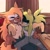Size: 1400x1400 | Tagged: safe, artist:maskofnova, surge the tenrec, whisper the wolf, 2024, abstract background, arm around shoulders, clenched teeth, duo, eyes closed, female, hand on another's hip, holding each other, indoors, lesbian, lidded eyes, looking offscreen, shipping, sitting, smile, table, whisper x surge