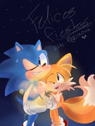 Size: 768x1024 | Tagged: safe, artist:giaoux, miles "tails" prower, sonic the hedgehog, 2023, blushing, duo, gay, gradient background, holding hands, holding something, looking at them, looking at viewer, shipping, signature, smile, sonic x tails, spanish text, sparkler, standing, star (sky), wink