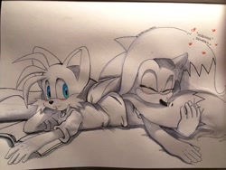 Size: 1024x768 | Tagged: safe, artist:mintokitsune_, miles "tails" prower, sonic the hedgehog, blushing, cute, duo, gay, heart, holding tail, line art, shipping, smile, sonic x tails, traditional media
