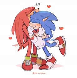 Size: 1403x1417 | Tagged: safe, artist:sk_rokuro, knuckles the echidna, sonic the hedgehog, 2024, blushing, cute, duo, eyes closed, gay, heart, hugging, knucklebetes, knuxonic, shipping, signature, simple background, smile, sonabetes, standing, standing on one leg, wagging tail, white background