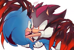 Size: 1024x699 | Tagged: safe, artist:sonicnewunivers, shadow the hedgehog, sonic the hedgehog, 2024, carrying them, cute, duo, frown, gay, looking at each other, mouth open, shadow x sonic, shipping, signature, simple background, white background, wings