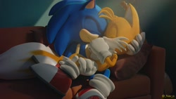 Size: 2048x1152 | Tagged: safe, artist:_nav_o, miles "tails" prower, sonic the hedgehog, 2024, 3d, abstract background, couch, duo, eyes closed, gay, holding them, indoors, shipping, sleeping, sonic x tails