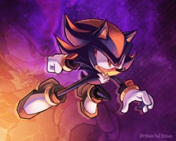 Size: 2048x1638 | Tagged: safe, artist:drawntildawn, shadow the hedgehog, 2024, echo background, galaxy, looking ahead, looking offscreen, mid-air, redraw, signature, smile, solo