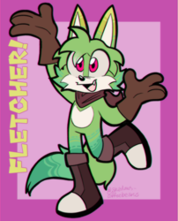 Size: 850x1050 | Tagged: safe, artist:shadows-coffeebeans, oc, oc:fletcher, fox, 2024, bandana, boots, border, brown gloves, brown shoes, character name, green fur, looking ahead, looking offscreen, magical gay spawn, mouth open, oc only, parent:kit, parent:tails, parents:kittails, pink background, pink eyes, signature, simple background, smile, solo