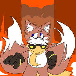 Size: 389x389 | Tagged: safe, artist:sonic-enterprise, miles "tails" prower, comic:bravery (sonic enterprise), 2024, abstract background, alternate universe, brown gloves, fire, flat colors, frown, goggles, goggles around neck, scarf, solo, standing, trans female, transgender