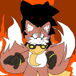 Size: 389x389 | Tagged: safe, artist:sonic-enterprise, miles "tails" prower, oc, oc:sonic.exe, comic:bravery (sonic enterprise), 2024, abstract background, alternate universe, brown gloves, duo, fire, flat colors, frown, goggles, goggles around neck, scarf, shrunken pupils, silhouette, standing, trans female, transgender