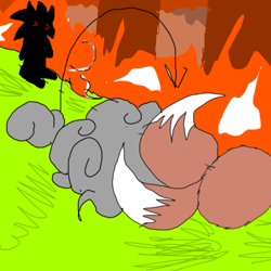 Size: 389x389 | Tagged: safe, artist:sonic-enterprise, miles "tails" prower, oc, oc:sonic.exe, comic:bravery (sonic enterprise), 2024, abstract background, alternate universe, duo, dust clouds, fire, flat colors, silhouette, spindash, trans female, transgender