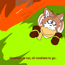 Size: 389x389 | Tagged: safe, artist:sonic-enterprise, miles "tails" prower, oc, oc:sonic.exe, comic:bravery (sonic enterprise), 2024, abstract background, alternate universe, brown gloves, dialogue, english text, fire, flat colors, frown, grass, offscreen character, scarf, shrunken pupils, solo, spinning tails, standing, trans female, transgender
