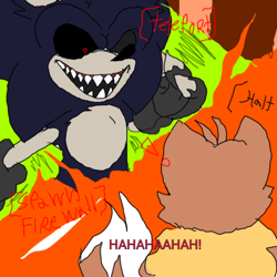 Size: 389x389 | Tagged: safe, artist:sonic-enterprise, miles "tails" prower, oc, oc:sonic.exe, comic:bravery (sonic enterprise), 2024, abstract background, alternate universe, black gloves, black sclera, claws, duo, fire, flat colors, laughing, looking at each other, scarf, sharp teeth, smile, standing, torn gloves, trans female, transgender