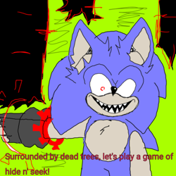 Size: 389x389 | Tagged: safe, artist:sonic-enterprise, oc, oc:sonic.exe, comic:bravery (sonic enterprise), 2024, abstract background, alternate universe, dialogue, english text, flat colors, glitch, sharp teeth, smile, solo, standing