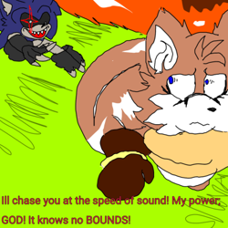 Size: 389x389 | Tagged: safe, artist:sonic-enterprise, miles "tails" prower, oc, oc:sonic.exe, comic:bravery (sonic enterprise), 2024, abstract background, alternate universe, black gloves, black sclera, brown gloves, chasing, dialogue, duo, english text, fire, flat colors, frown, grass, looking at each other, scarf, sharp teeth, shrunken pupils, smile, spinning tails, standing, torn gloves, trans female, transgender