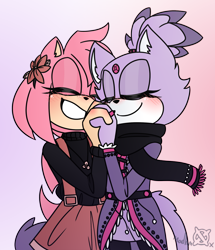 Size: 1280x1487 | Tagged: safe, artist:madhmoxx, amy rose, blaze the cat, cat, hedgehog, 2020, amy x blaze, blushing, cute, female, females only, holding hands, lesbian, shipping, smile