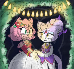 Size: 1280x1195 | Tagged: safe, artist:madhmoxx, amy rose, blaze the cat, cat, hedgehog, 2020, amy x blaze, cute, female, females only, holding hands, lesbian, looking at each other, shipping, wedding, wedding dress, wedding suit