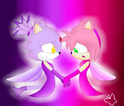 Size: 1024x877 | Tagged: safe, artist:mintstarmari, amy rose, blaze the cat, cat, hedgehog, 2015, amy x blaze, cute, female, females only, holding hands, lesbian, looking at each other, shipping