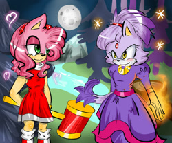 Size: 1024x854 | Tagged: safe, artist:galadysp, amy rose, blaze the cat, cat, hedgehog, 2014, amy x blaze, amy's halterneck dress, cute, female, females only, flame, hearts, lesbian, looking at each other, moon, piko piko hammer, shipping