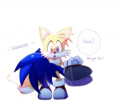 Size: 1707x1417 | Tagged: safe, artist:snt0skt, miles "tails" prower, sonic the hedgehog, 2024, dialogue, duo, english text, gay, hugging, lying on side, lying on them, mouth open, sfx, shipping, simple background, sitting, sonic x tails, white background