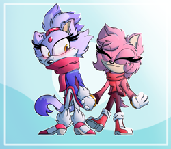 Size: 2473x2159 | Tagged: safe, artist:soulstyblueberrie, amy rose, blaze the cat, cat, hedgehog, 2021, amy x blaze, blaze's tailcoat, cute, eyes closed, female, females only, holding hands, lesbian, scarf, shipping