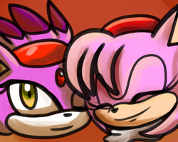 Size: 1000x800 | Tagged: safe, artist:hellishly-sweet, amy rose, blaze the cat, cat, hedgehog, 2012, amy x blaze, cute, eyes closed, female, females only, head only, lesbian, one eye closed, shipping, smile