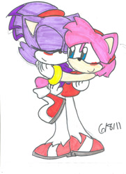 Size: 900x1242 | Tagged: safe, artist:kutie-angel, amy rose, blaze the cat, cat, hedgehog, 2011, amy x blaze, amy's halterneck dress, blaze's tailcoat, carrying them, cute, eyes closed, female, females only, lesbian, shipping