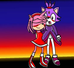 Size: 677x623 | Tagged: safe, artist:tikal1606, amy rose, blaze the cat, cat, hedgehog, 2010, amy x blaze, amy's halterneck dress, blaze's tailcoat, blushing, cute, eyes closed, female, females only, hands behind back, lesbian, mouth open, shipping