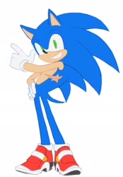 Size: 1422x2048 | Tagged: safe, artist:ghb_111, sonic the hedgehog, 2024, flat colors, hand on hip, looking at viewer, pointing, simple background, smile, soap shoes, solo, standing, top surgery scars, trans male, transgender, white background