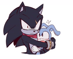 Size: 1442x1162 | Tagged: safe, artist:sonicnewunivers, feels the rabbit, 2024, blushing, duo, feels x terios, frown, gay, glaring, holding them, looking at them, looking at viewer, mouth open, shipping, simple background, surprised, terios the hedgehog, white background