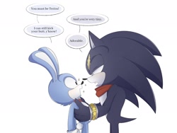 Size: 2048x1536 | Tagged: safe, artist:coalchan01, feels the rabbit, 2023, cute, dialogue, duo, english text, feels x terios, gay, holding them, looking at each other, mouth open, shipping, simple background, sparkles, speech bubble, terios the hedgehog, white background