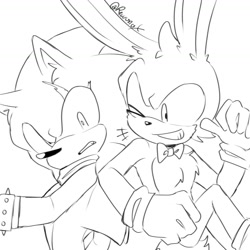 Size: 1575x1575 | Tagged: safe, artist:revvonox, feels the rabbit, 2023, duo, feels x terios, gay, line art, looking at them, mouth open, shipping, signature, simple background, smile, terios the hedgehog, white background