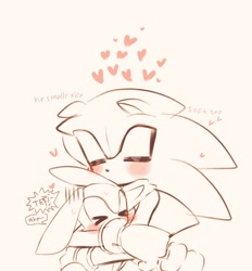Size: 950x1024 | Tagged: safe, artist:miko_sonic, feels the rabbit, 2023, blushing, cute, dialogue, duo, english text, feelabetes, feels x terios, gay, heart, hugging, line art, shipping, simple background, teriabetes, terios the hedgehog