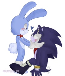 Size: 1031x1200 | Tagged: safe, artist:chaoxx_cg, feels the rabbit, 2023, blushing, cute, duo, feels x terios, gay, hand on another's face, heart, looking at each other, shipping, signature, simple background, sitting, smile, standing, terios the hedgehog, wagging tail, white background