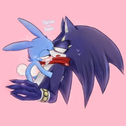 Size: 1186x1186 | Tagged: safe, artist:sxsxsimi, feels the rabbit, 2023, blushing, character name, duo, feels x terios, gay, holding them, lidded eyes, pink background, shipping, simple background, smile, sweatdrop, terios the hedgehog