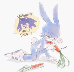 Size: 921x901 | Tagged: suggestive, artist:sxsxsimi, feels the rabbit, 2023, all fours, blushing, carrot, feels x terios, food, food play, gay, lidded eyes, question mark, saliva, shipping, simple background, suggestive eating, terios the hedgehog, white background