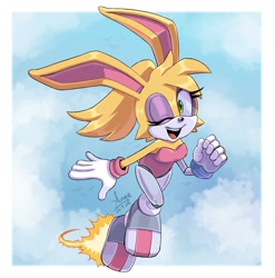 Size: 1931x1958 | Tagged: safe, artist:angiethecat, bunnie rabbot, clouds, flying, wink
