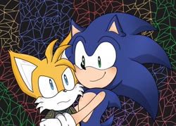 Size: 1850x1324 | Tagged: artist needed, safe, miles "tails" prower, nine, sonic the hedgehog, sonic prime, abstract background, duo, frown, gay, holding them, nine x sonic, shipping, smile, sonic x tails