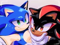 Size: 2048x1536 | Tagged: safe, artist:studiononsense, shadow the hedgehog, sonic the hedgehog, 2024, duo, gay, grey background, hand under chin, looking at camera, selfie, shadow x sonic, shipping, simple background, smile