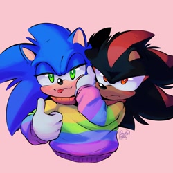 Size: 1250x1250 | Tagged: safe, artist:ghostie_berry, shadow the hedgehog, sonic the hedgehog, 2024, blushing, duo, frown, gay, looking at viewer, pink background, pride, shadow x sonic, shipping, signature, simple background, smile, sweater, thumbs up, tongue out