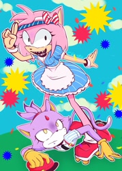 Size: 1466x2048 | Tagged: safe, artist:celyah__, amy rose, blaze the cat, cat, hedgehog, 2024, amy x blaze, cute, female, females only, lesbian, looking at them, looking at viewer, rollerskates, shipping