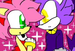 Size: 962x660 | Tagged: safe, artist:sonamyshadlover909, amy rose, blaze the cat, cat, hedgehog, 2014, amy x blaze, amy's halterneck dress, blaze's tailcoat, cute, female, females only, lesbian, looking at each other, shipping