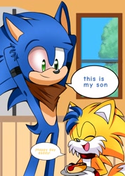 Size: 1460x2048 | Tagged: safe, artist:shadely_boom, sonic the hedgehog, oc, 2024, abstract background, chili dog, cute, duo, eyes closed, father and son, food, hands behind head, holding something, indoors, looking at them, magical gay spawn, parent:sonic, parent:tails, parents:sontails, plate, smile, sonic boom (tv), standing, window