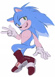 Size: 1448x2048 | Tagged: safe, artist:ghb_111, sonic the hedgehog, 2024, boots, looking offscreen, mid-air, mouth open, simple background, smile, solo, v sign, white background
