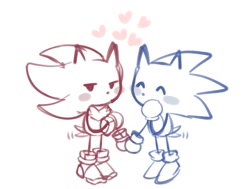Size: 1369x1034 | Tagged: safe, artist:miko_sonic, shadow the hedgehog, sonic the hedgehog, 2024, blushing, cute, duo, gay, heart, holding hands, line art, shadow x sonic, shadowbetes, shipping, small, sonabetes, standing, stick arms, stick legs, wagging tail